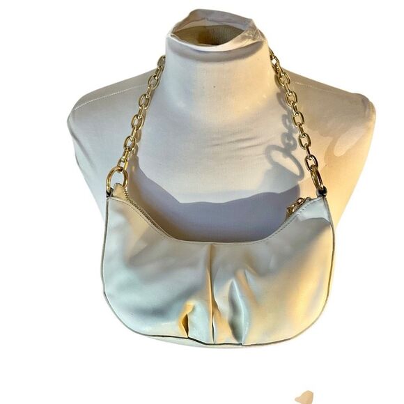 Faux Leather Halfmoon Baguette Bag with Chunky Chain Strap - Picture 8 of 13